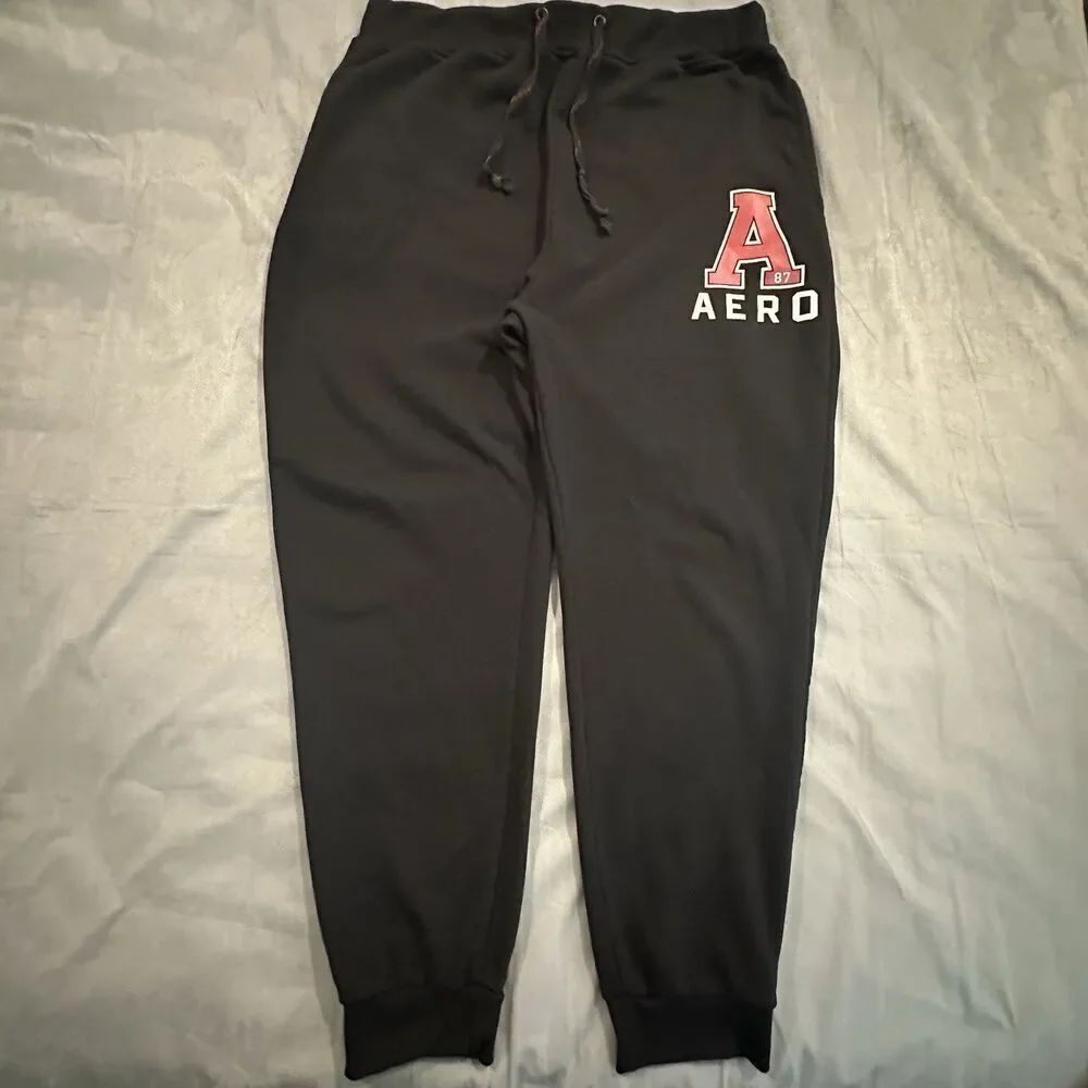 Aeropostale Sweatpants Mens 3XL Aero 1987 Graphic Fleece Joggers Black